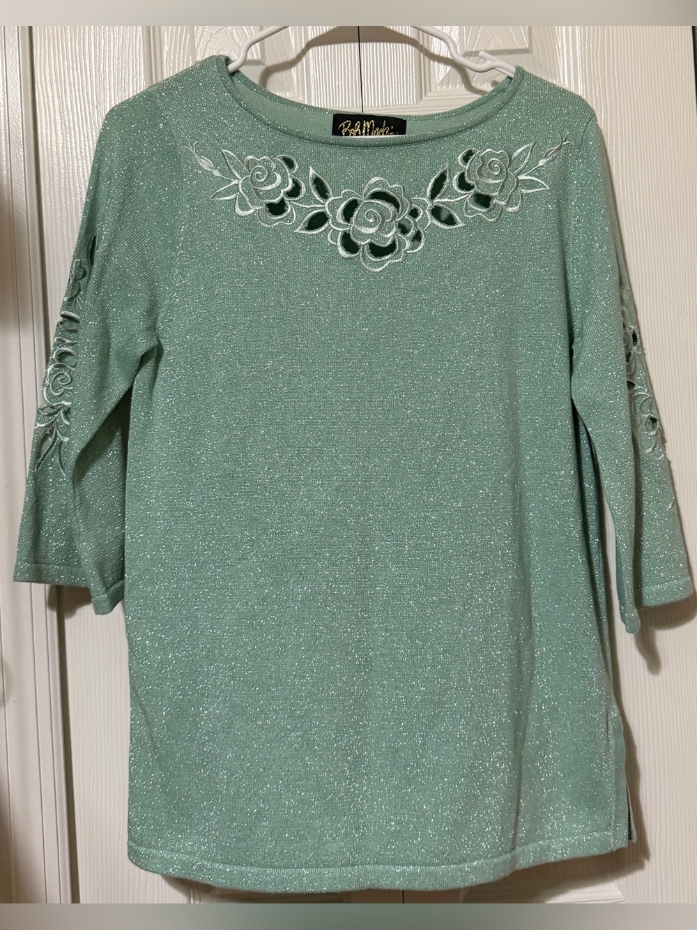 Bob Mackie Wearable Art VTG Mint Green Shimmer Cutout Floral 3/4 Sleeve XS